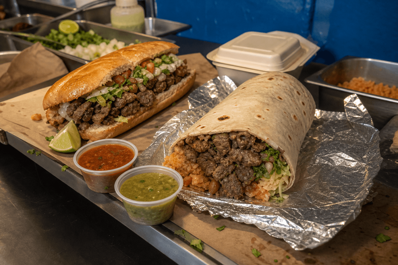 Carne asada burrito and torta with salsa cups