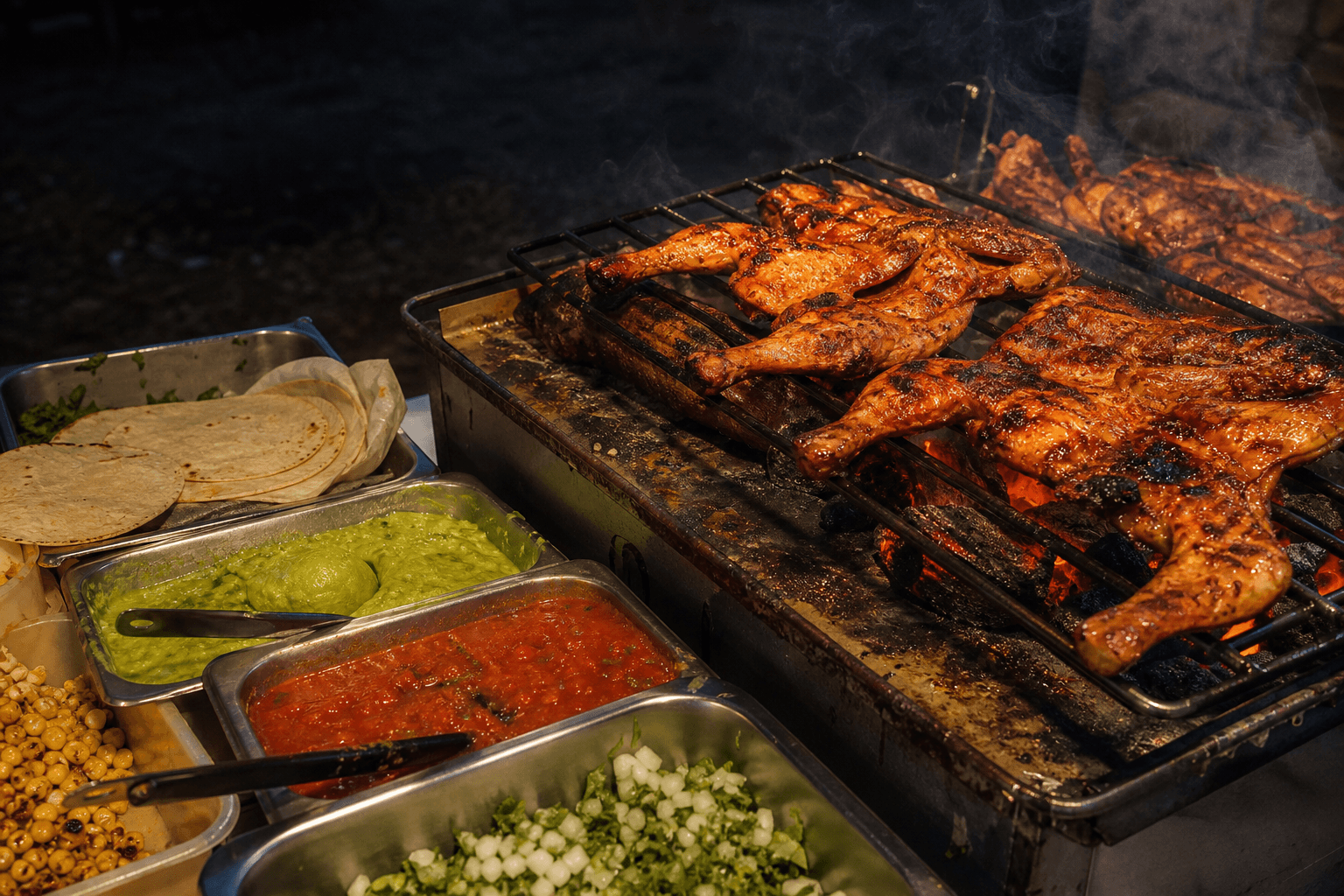 Charcoal grilled chicken with salsa, tortillas, and street food sides