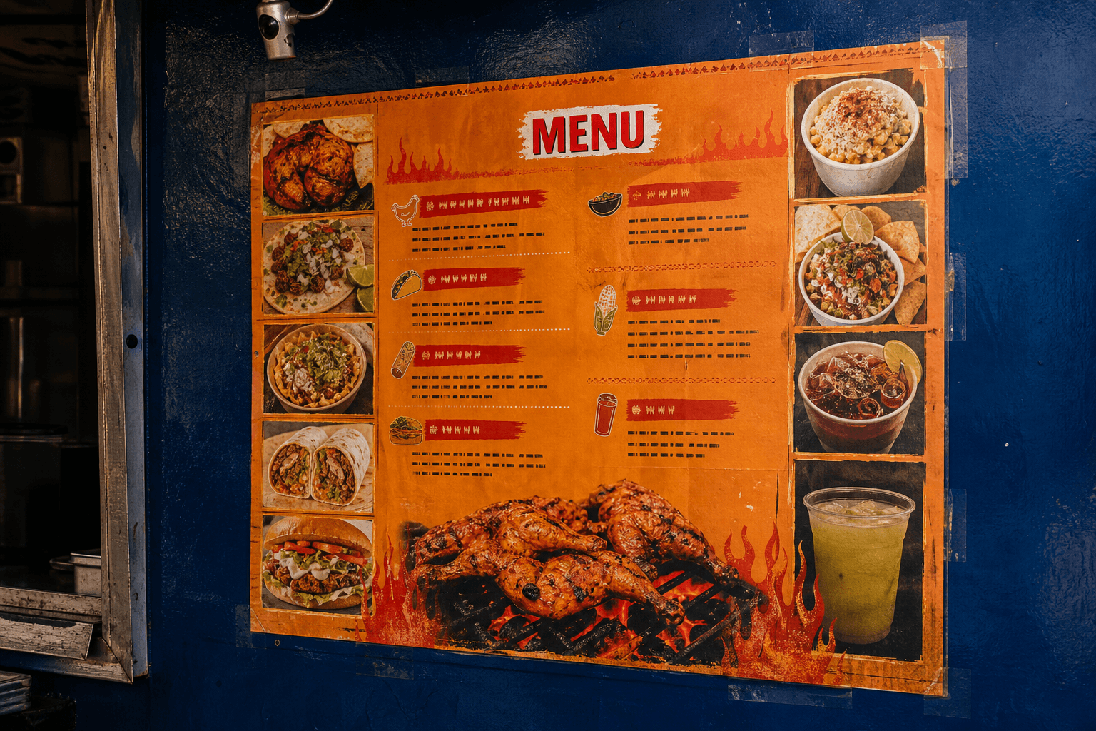 Orange menu board on a blue wall