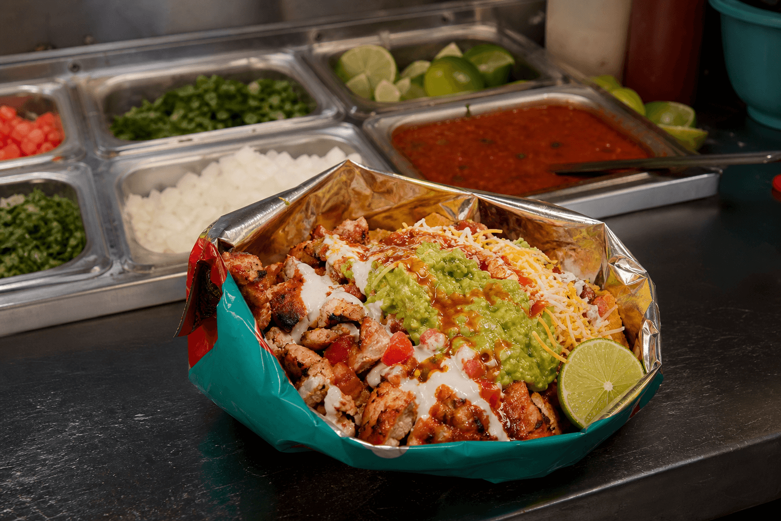 Loaded Mexican street chips on a food truck prep counter